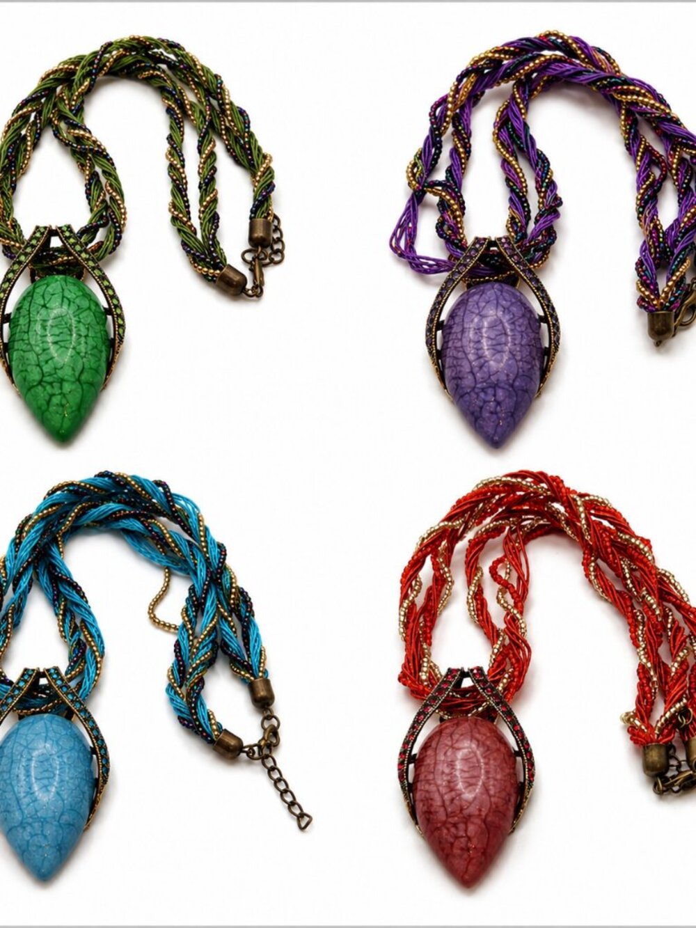 Stone pendant necklace with twist beaded cord gold tone colorful NEW - Picture 1 of 5